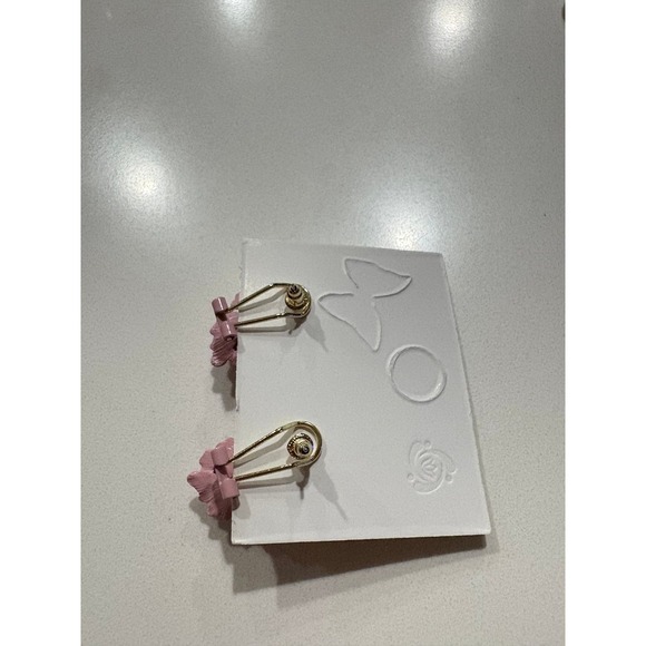 Pink Enamel Floral Earrings with Green Jade-Style Center – Vintage Style - Picture 3 of 6